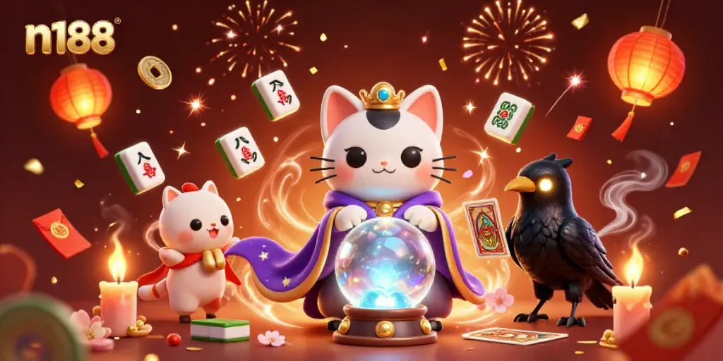 Exciting n188 gaming scene with a mystical fortune teller cat and tarot raven.