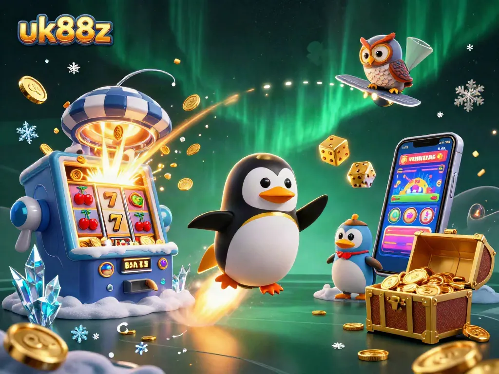 Experience the thrill of uk88z as the golden penguin soars past a vibrant casino space station.