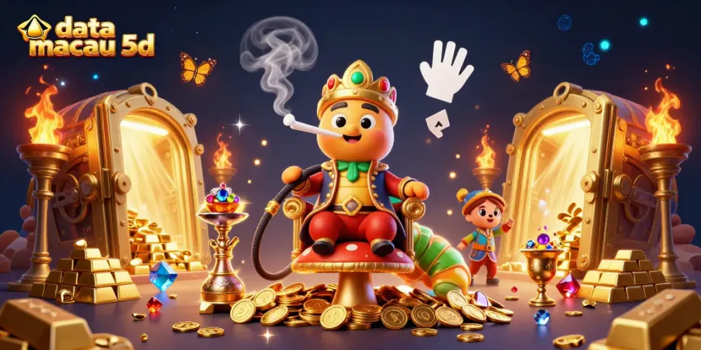 Melihat hasil data macau 5d dalam ilustrasi menarik dengan simbol permainan poker dan elemen menarik.