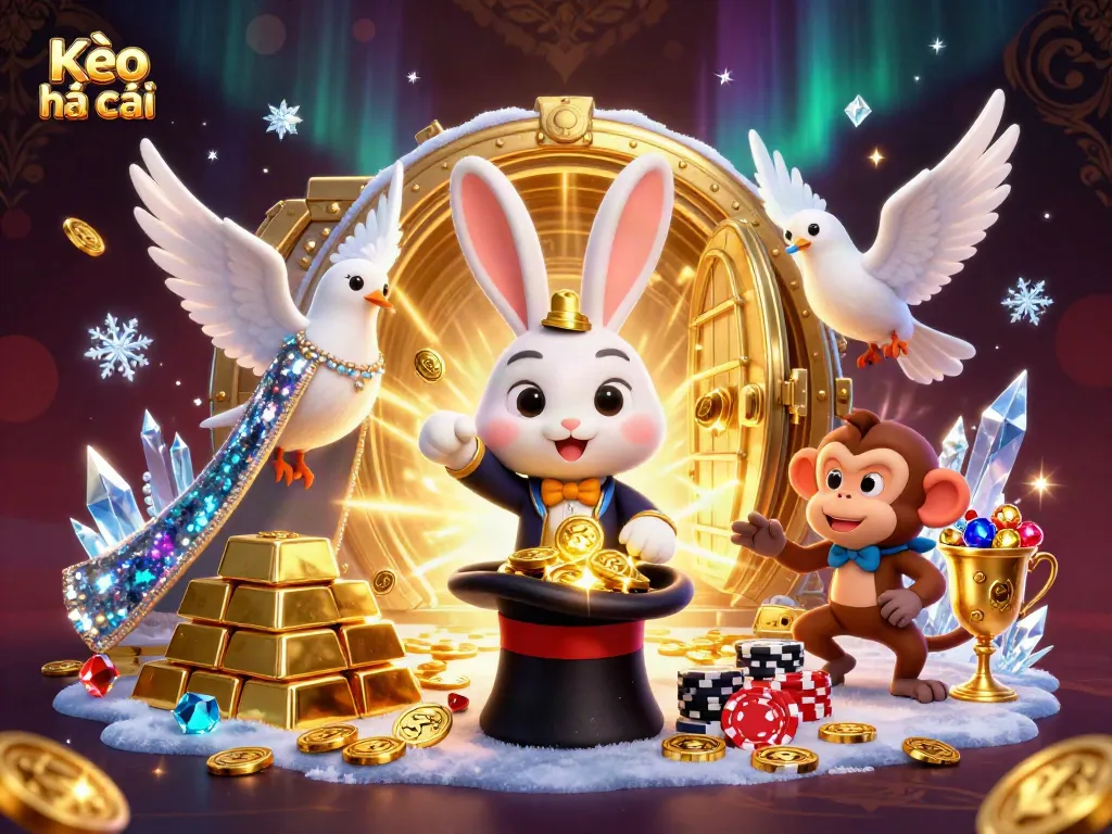 Experience Kèo nhà cái through this vibrant illustration of a magician, dove, and monkey amid treasures and casino elements.