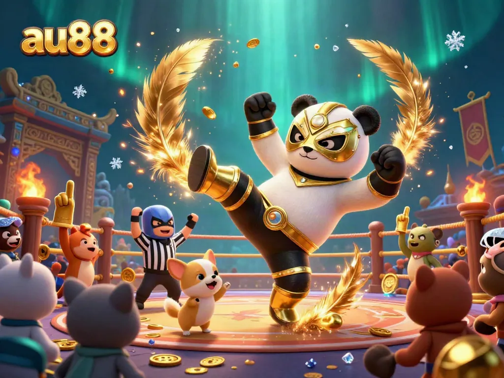 Experience the excitement of au88 with a dynamic illustration of a wrestler panda in action surrounded by fans.
