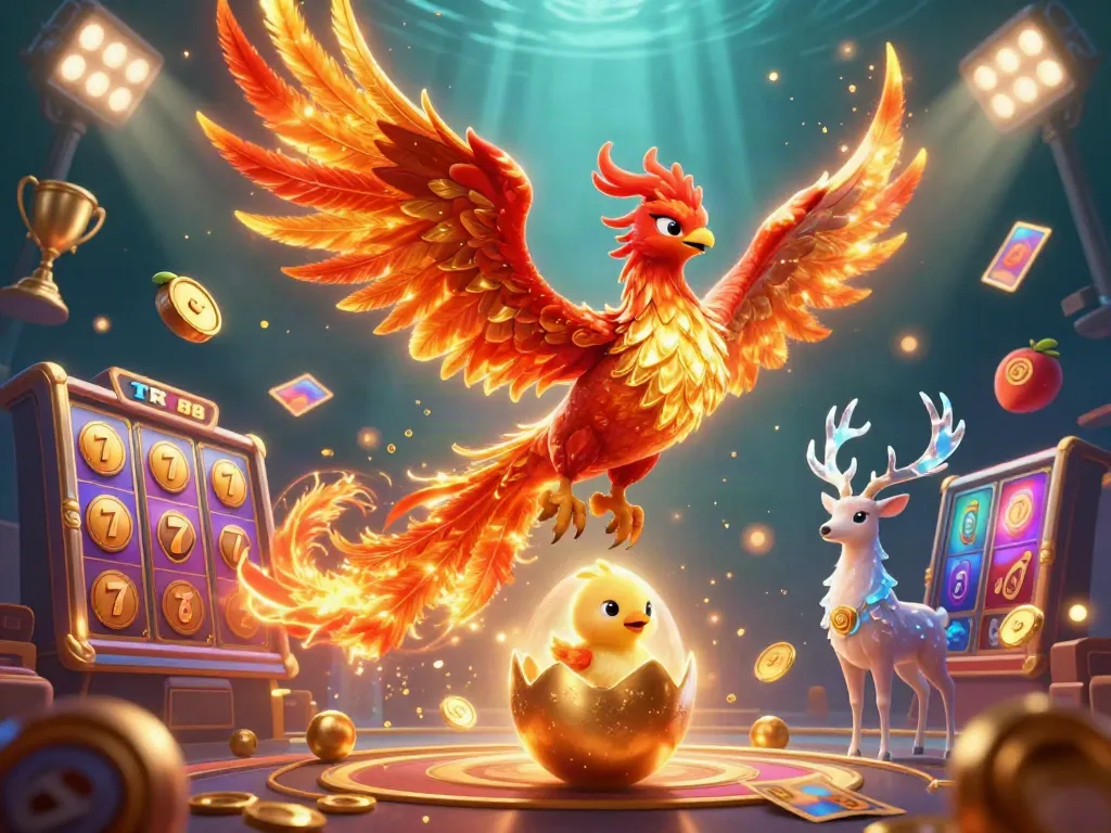 Win big with TR 88, featuring a dynamic slot game scene with a phoenix and colorful game elements flying