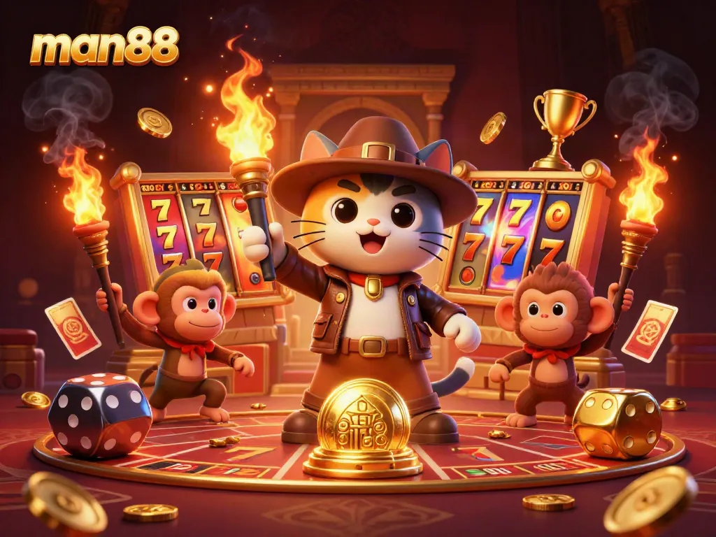 Join the thrill of man88 with a 3D explorer uncovering golden casino treasures amidst vibrant slot machines.