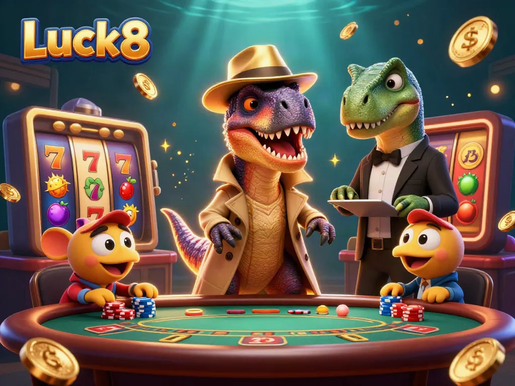 Luck8 showcases a clever velociraptor at a blackjack table, amid dazzling slot symbols and golden gaming coins.