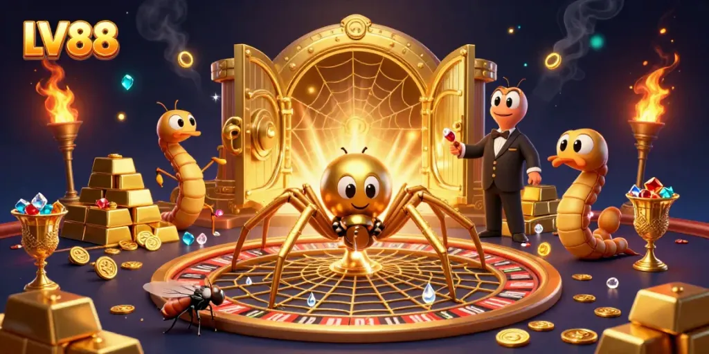 Spin the roulette wheel at LV88 in a vibrant 3D gold-filled casino scene with exciting gambling elements.