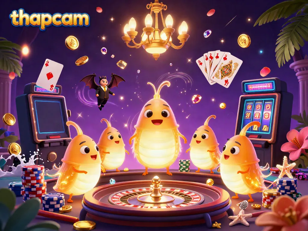 Experience vibrant gaming at thapcam with glowworms illuminating a sports betting casino, showcasing dynamic casino elements.