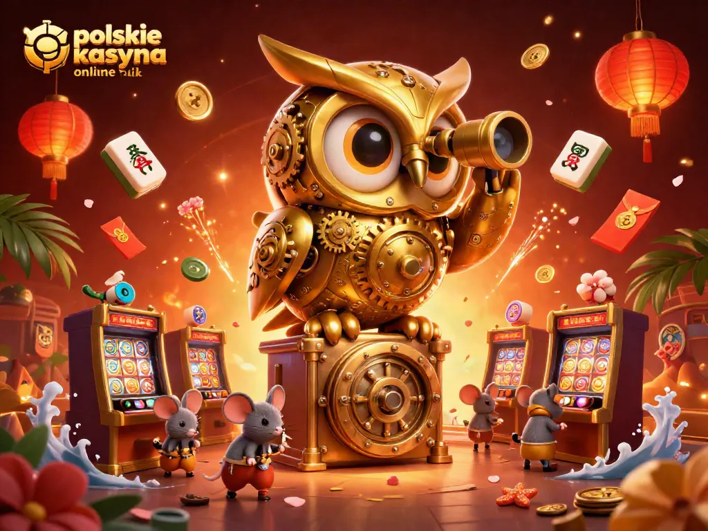 Experience dynamic gameplay in polskie kasyna online blik with vibrant illustration of a clockwork owl overseeing brass slot machines.