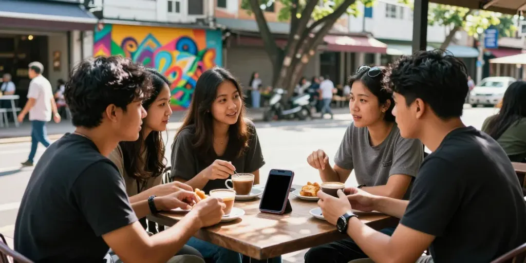 Suasana kafe di pinggir jalan dengan sekelompok teman membahas Bandar Togel sambil menikmati kopi.