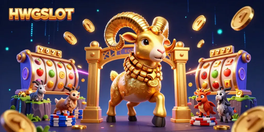 Experience the excitement of HWGSLOT with a dynamic illustration featuring a golden ram charging through a casino scene full of slot reels and vibrant elements.