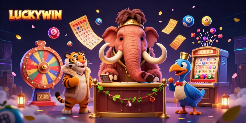 LUCKYWIN's vibrant casino scene features a woolly mammoth bouncer checking IDs as colorful lottery balls bounce around