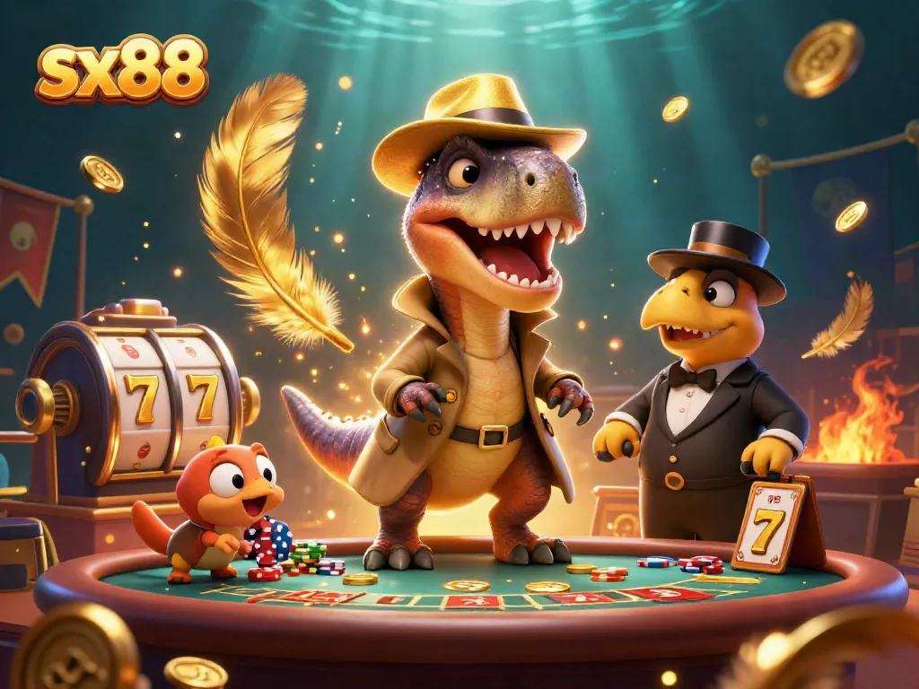 Join the action at a blackjack table featuring sx88 with a velociraptor card counter and dinosaur characters.
