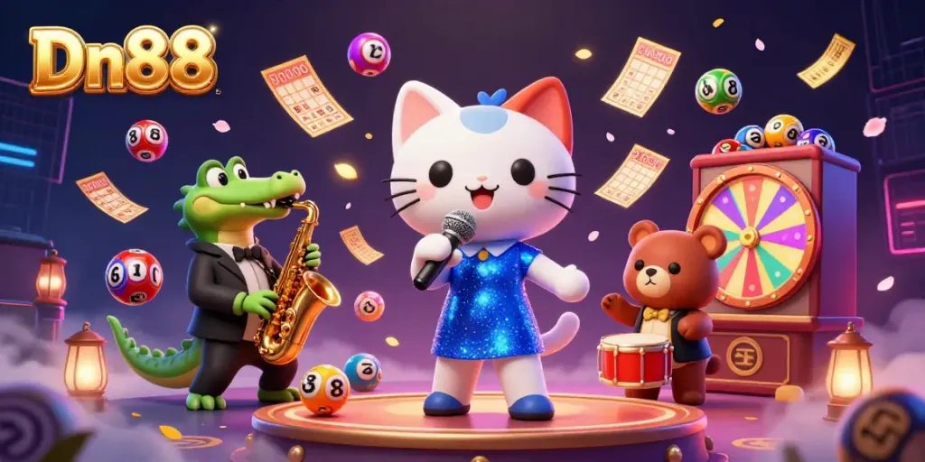 Feel the excitement at Dn88 with a vibrant casino scene featuring a jazz-singer cat and dynamic game elements.