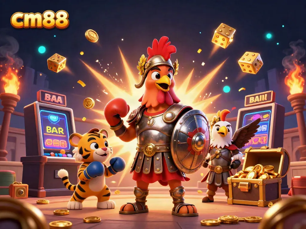 Experience the thrill of cm88 with a dynamic casino scene featuring a gladiator rooster and vibrant slot machines.