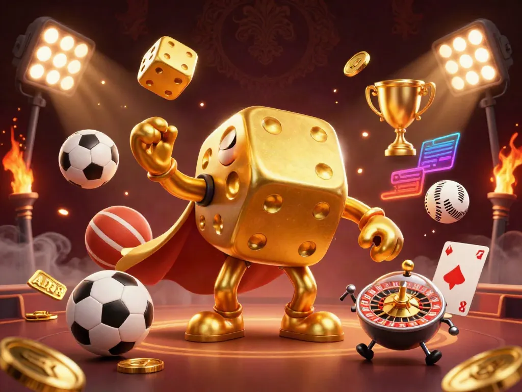 Experience thrilling gameplay with AD88's imaginative golden dice and sports elements in a vibrant casino scene.