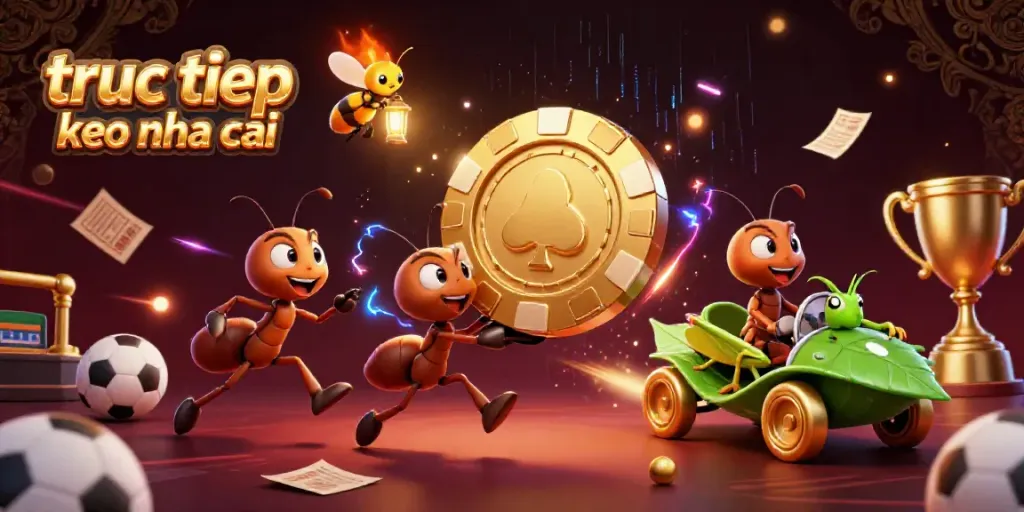 Watch a team of ants executing a heist carrying a giant poker chip while managing sports betting elements in this dynamic scene of truc tiep keo nha cai.