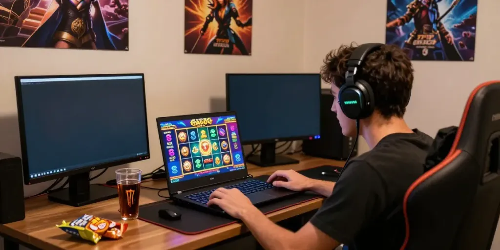Excited gamer enjoying a slot gacor hari ini game on a laptop with colorful graphics in a vibrant gaming setup