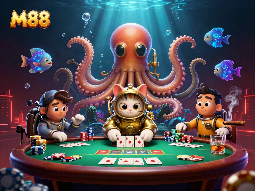 M88 captures excitement with a colossal kraken and poker elements in a vibrant casino scene.