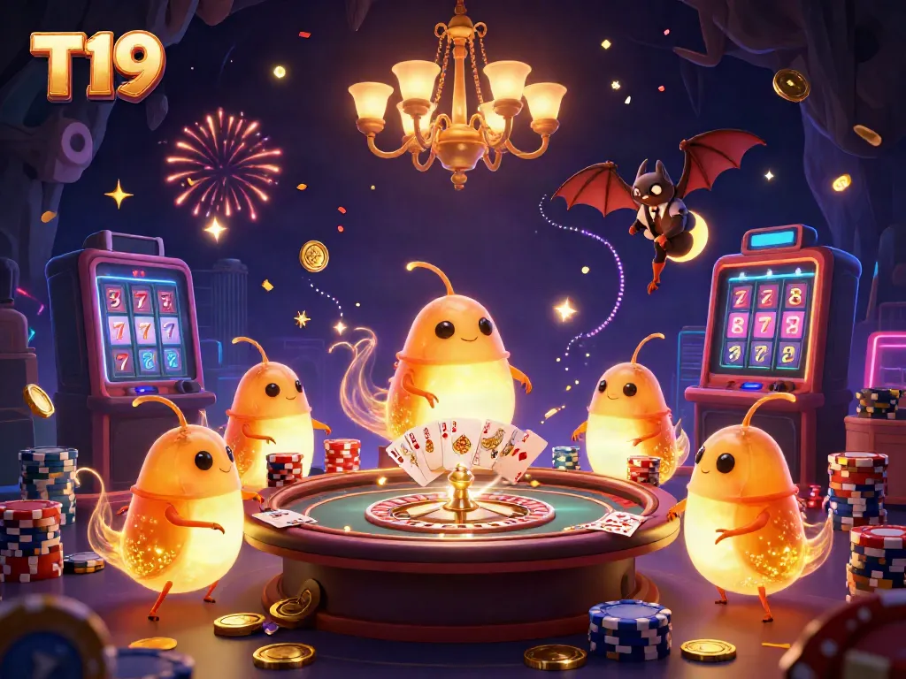 Experience T19's vibrant casino magic with glowing creatures and thrilling games in an enchanting cave.