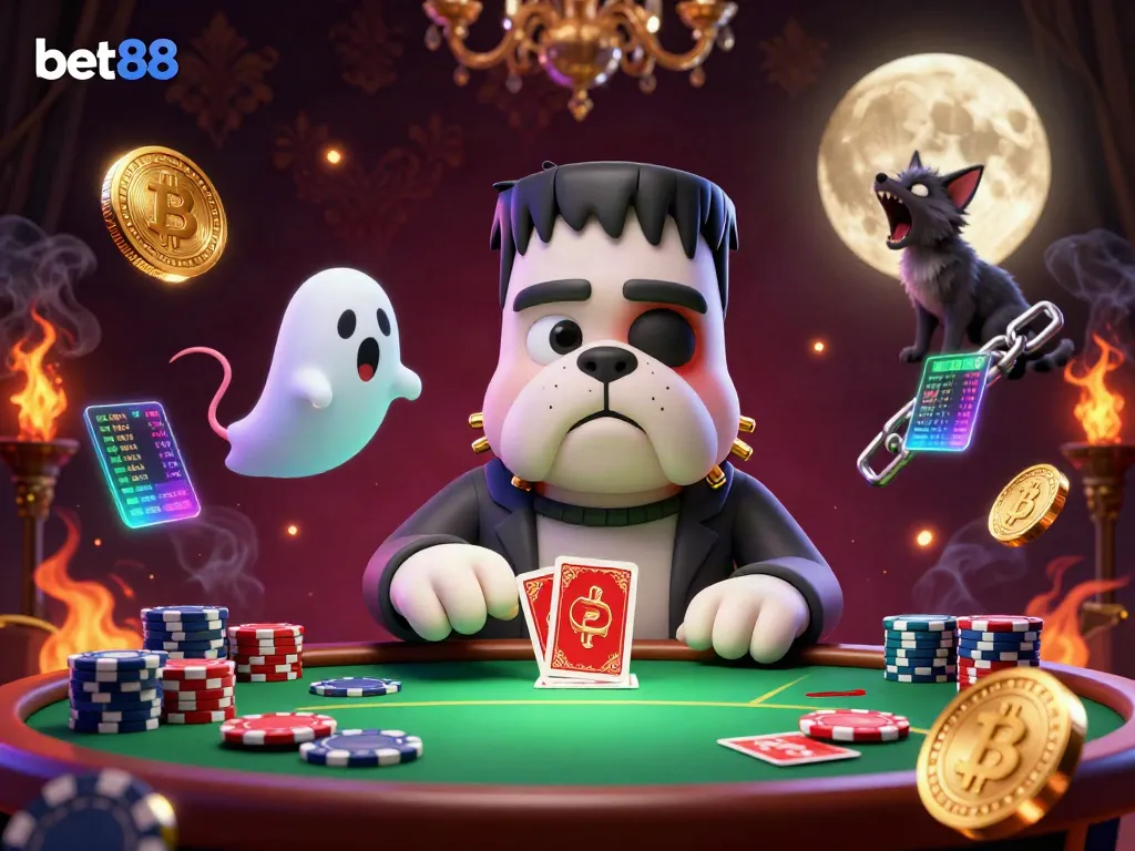 Engage with the thrilling scene of bet88 featuring a Frankenstein bulldog dealer, ghost mouse, and werewolf kitten in a vibrant casino setting.