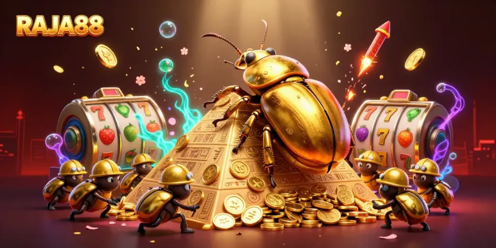RAJA88: golden dung beetle rolls coins in a vibrant casino illustration.