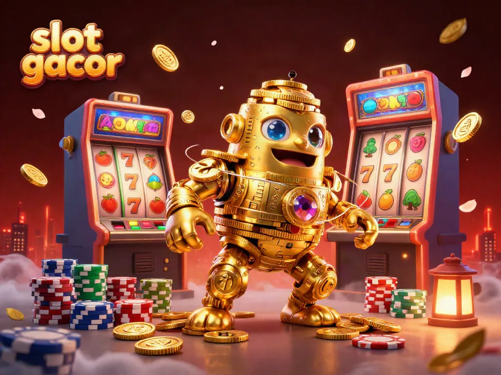 Slot gacor yang penuh dengan simbol keberuntungan di acara kasino 3D yang megah.