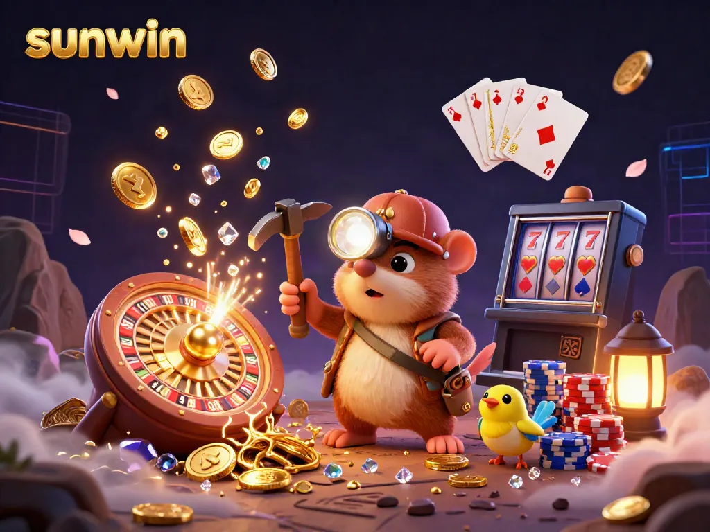Experience the thrill of gaming with sunwin's interactive casino illustration featuring vibrant characters and dynamic game elements.