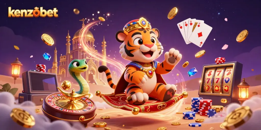 Experience the thrill of kenzobet with a vibrant Arabian-themed casino illustration showcasing action-packed gaming energy.