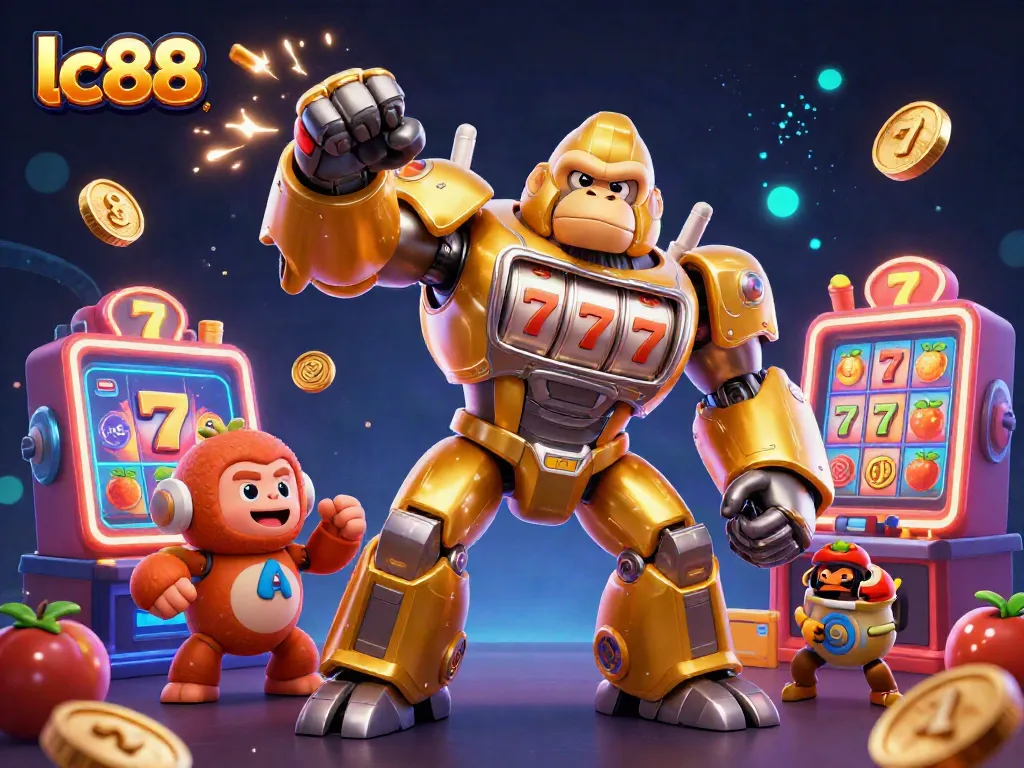Experience the lc88 excitement with a dynamic golden gorilla mech amid vibrant slot machine elements, bursting with energy!