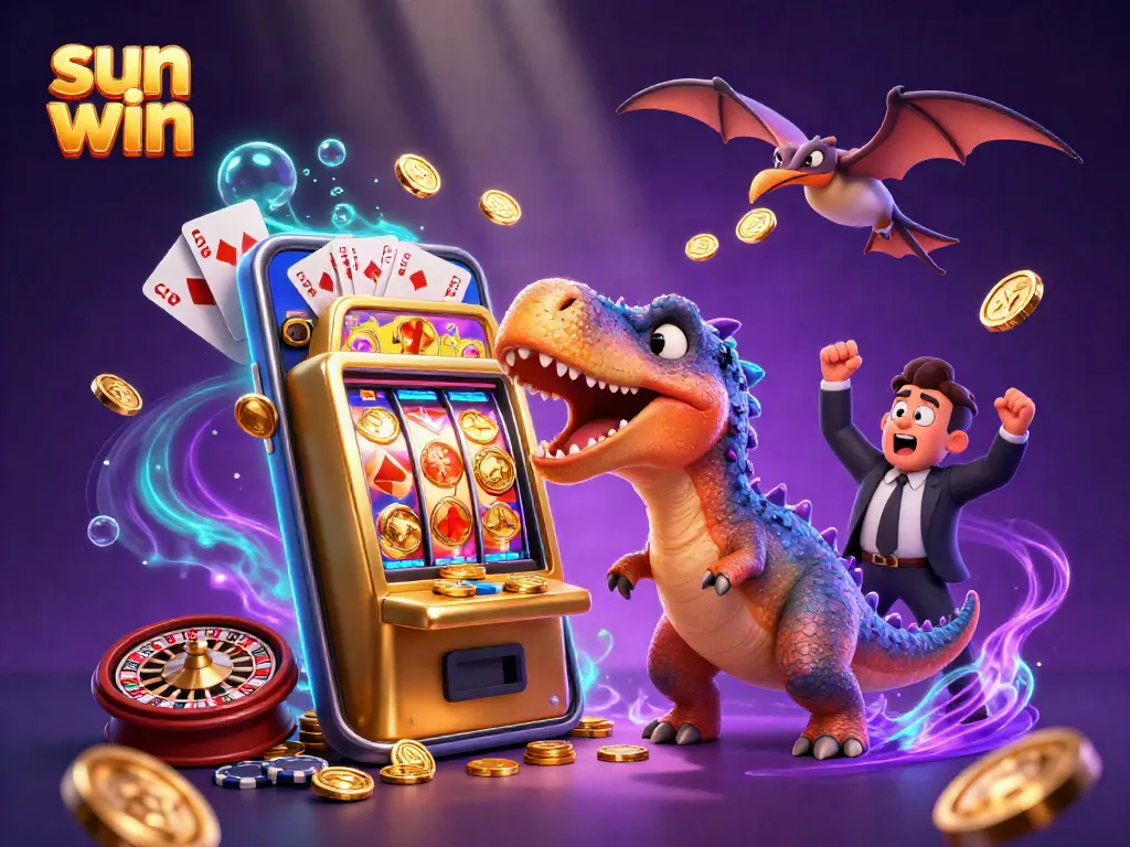 Experience excitement with sun win as a dinosaur headbutts a golden slot machine for a jackpot.