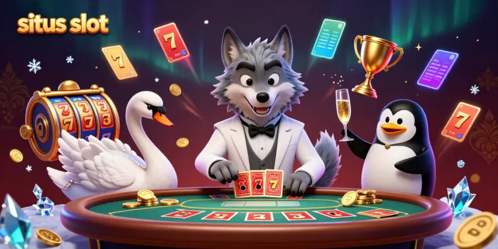 Menyaksikan permainan situs slot dengan karakter serigala, angsa, dan penguin di meja baccarat.