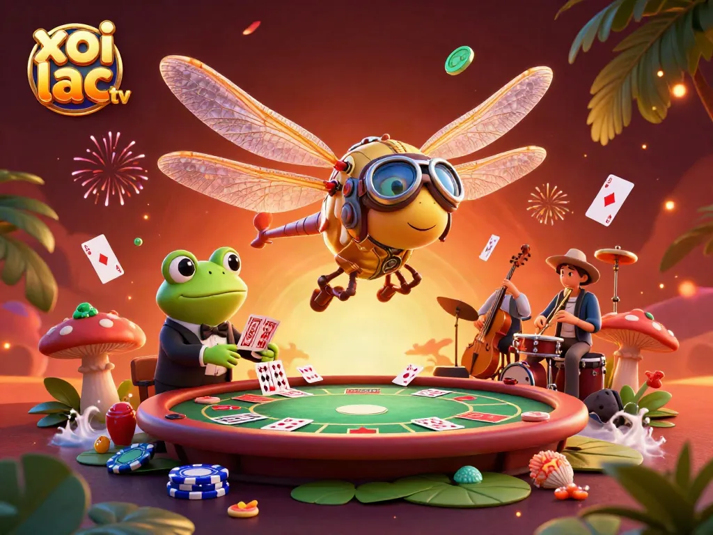 Engage with xoi lac tv's vibrant casino scene featuring a frog dealing cards at a lily pad casino.