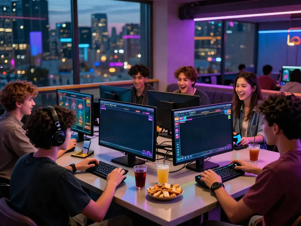Exciting gaming group enjoying situs slot gacor on a large screen in urban lounge.