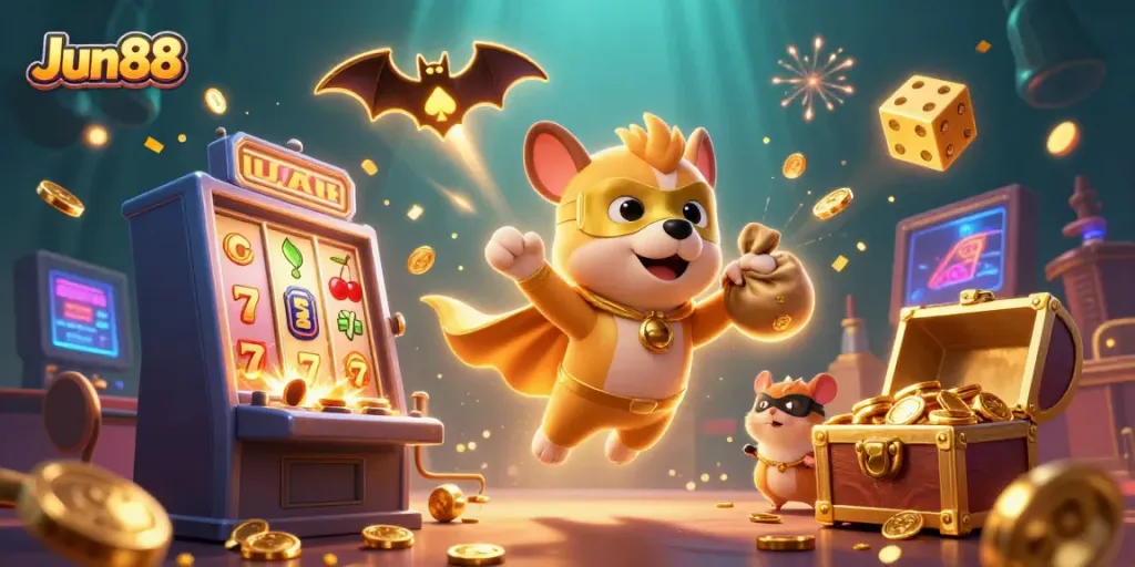 Experience thrilling wins with Jun88 illustrated in a dynamic 3D scene of a superhero dog and casino elements.