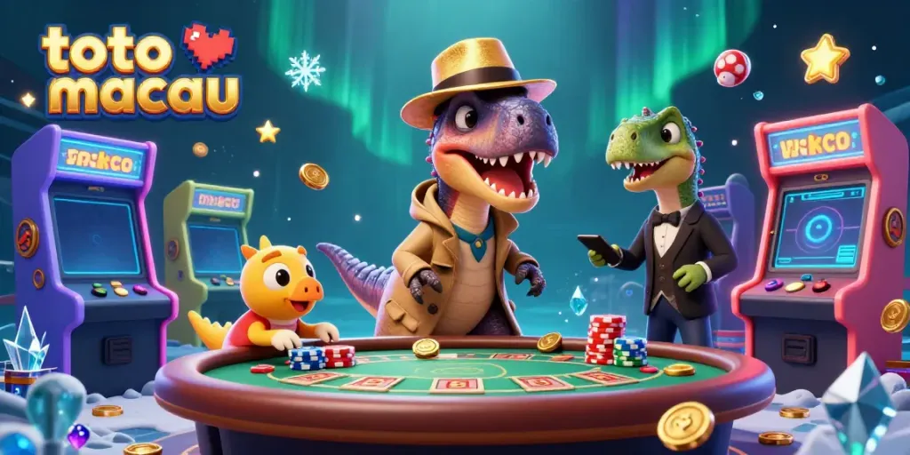 Permainan toto macau ditampilkan dengan velociraptor penyamaran dan pit boss dinosaurus di meja blackjack.