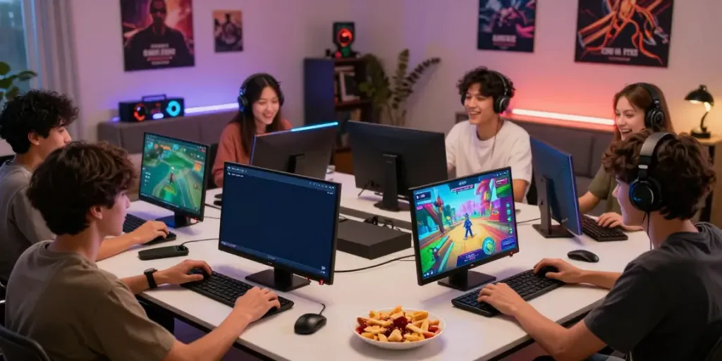 Friends enjoying gaming experiences on KILAT404 platform in a vibrant living room