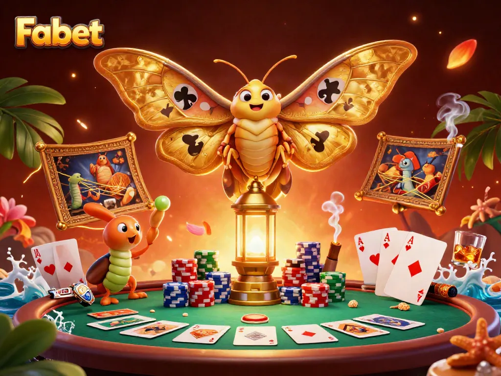 Experience thrilling gameplay with Fabet, featuring a vibrant casino scene with a golden moth and poker elements.