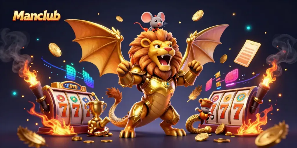 Abstract representation of Manclub gaming featuring a golden armored chimera and exciting slot game symbols.