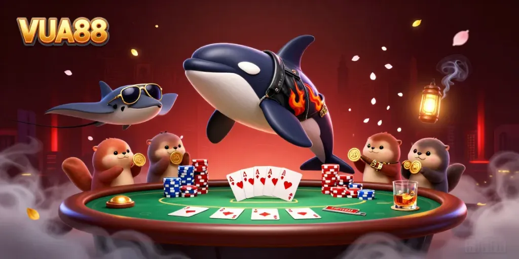 VUA88 invokes excitement as a 3D orca, stingray, and otters celebrate gaming with poker chips and cards.