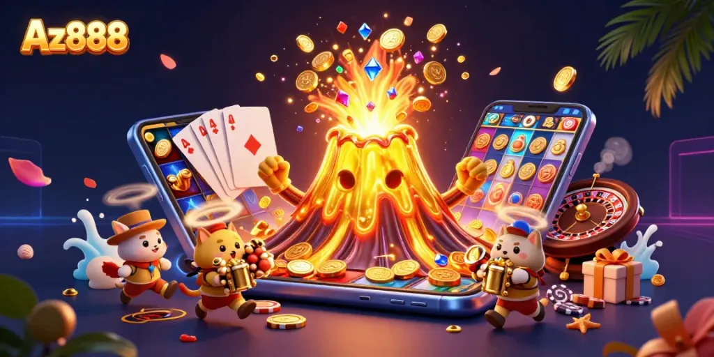 Experience the thrilling Az888 slot adventure with a golden volcano and treasure-laden animals!
