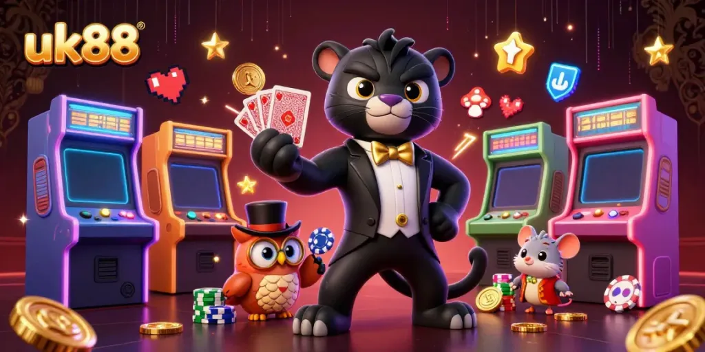 uk88 casino experience with a stylish 3D panther dealer, poker chips, and arcade machines