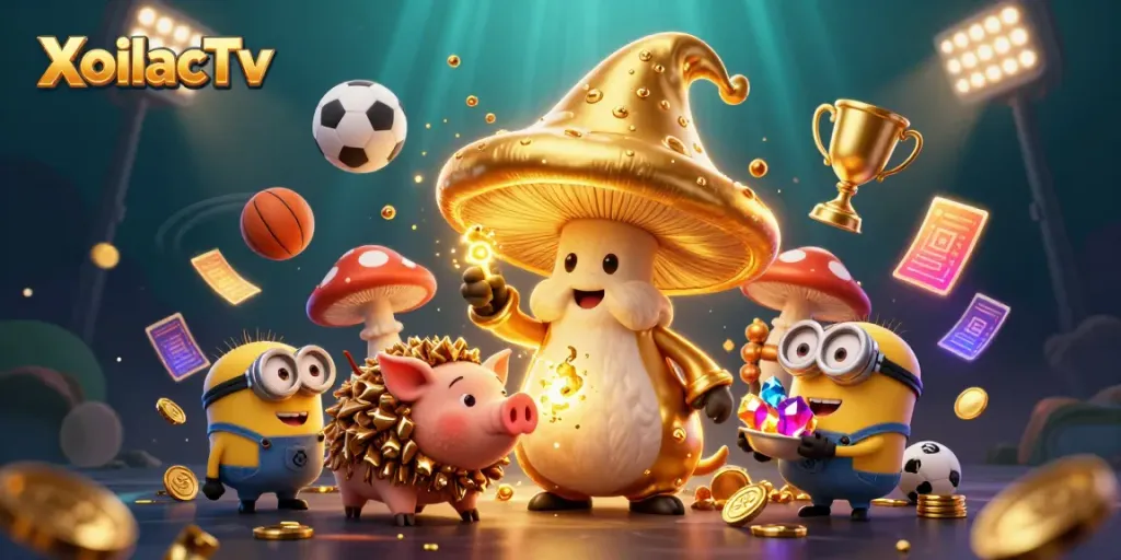 XoilacTv showcases a magical golden mushroom wizard conjuring wealth in an animated sports betting illustration.