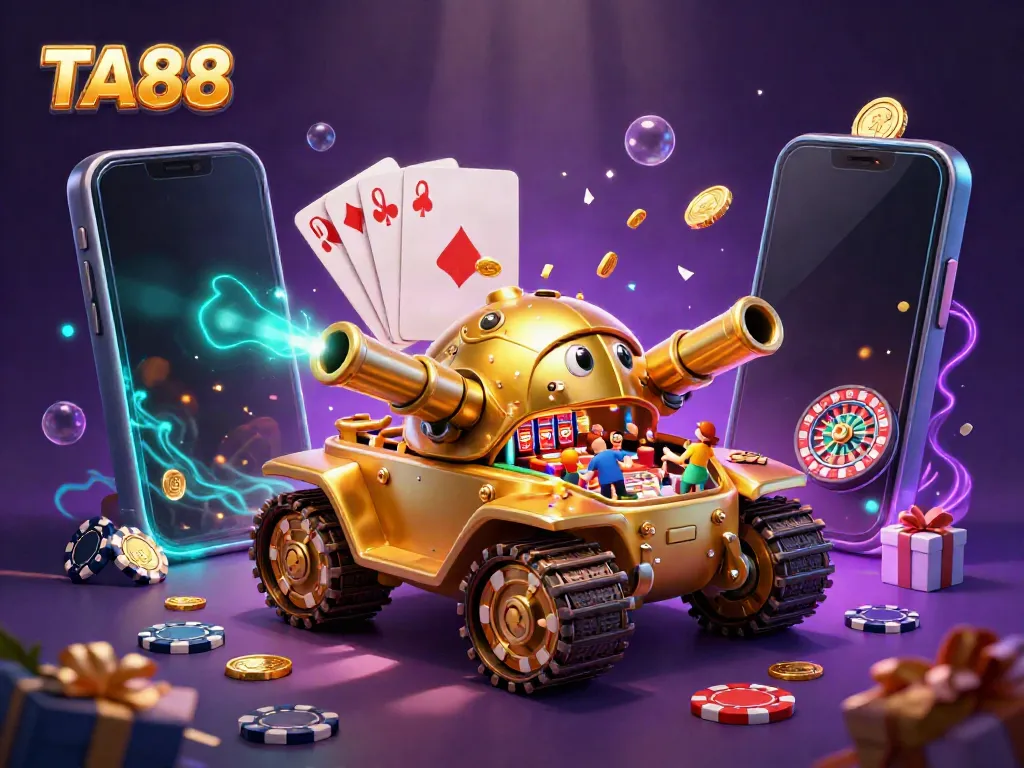 Engage in thrilling gameplay with TA88, featuring a golden beetle tank revealing a vibrant casino inside.