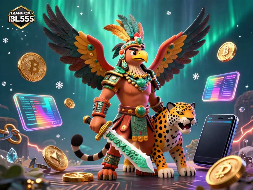 Engage with thrilling moments at TRANG CHỦ BL555 as a majestic Aztec warrior and jaguar thrive amidst a vibrant digital arena.