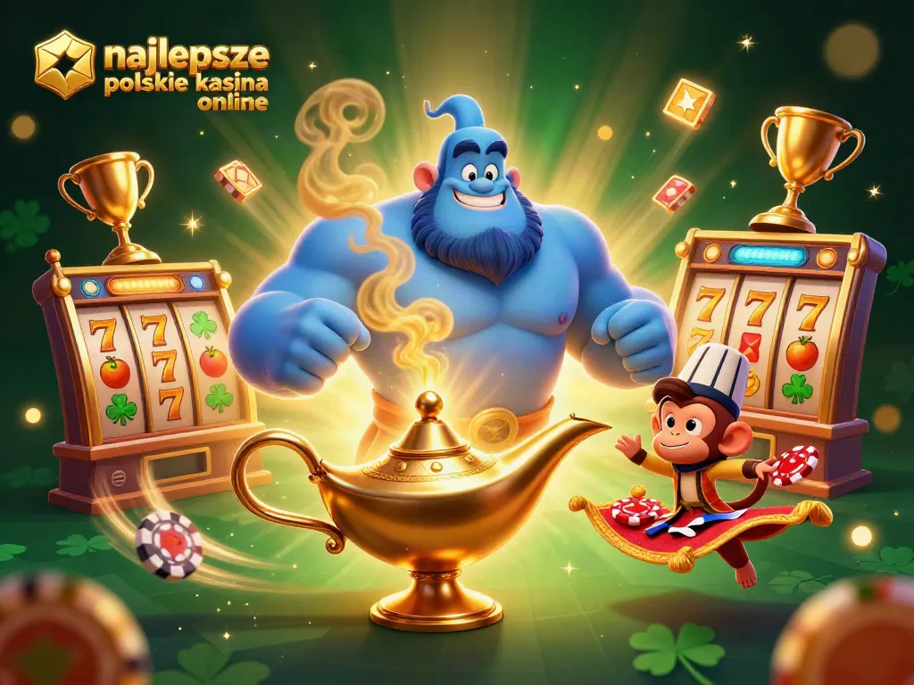 Experience the thrill at najlepsze polskie kasyna online featuring a lively genie, slots, and gold coins.