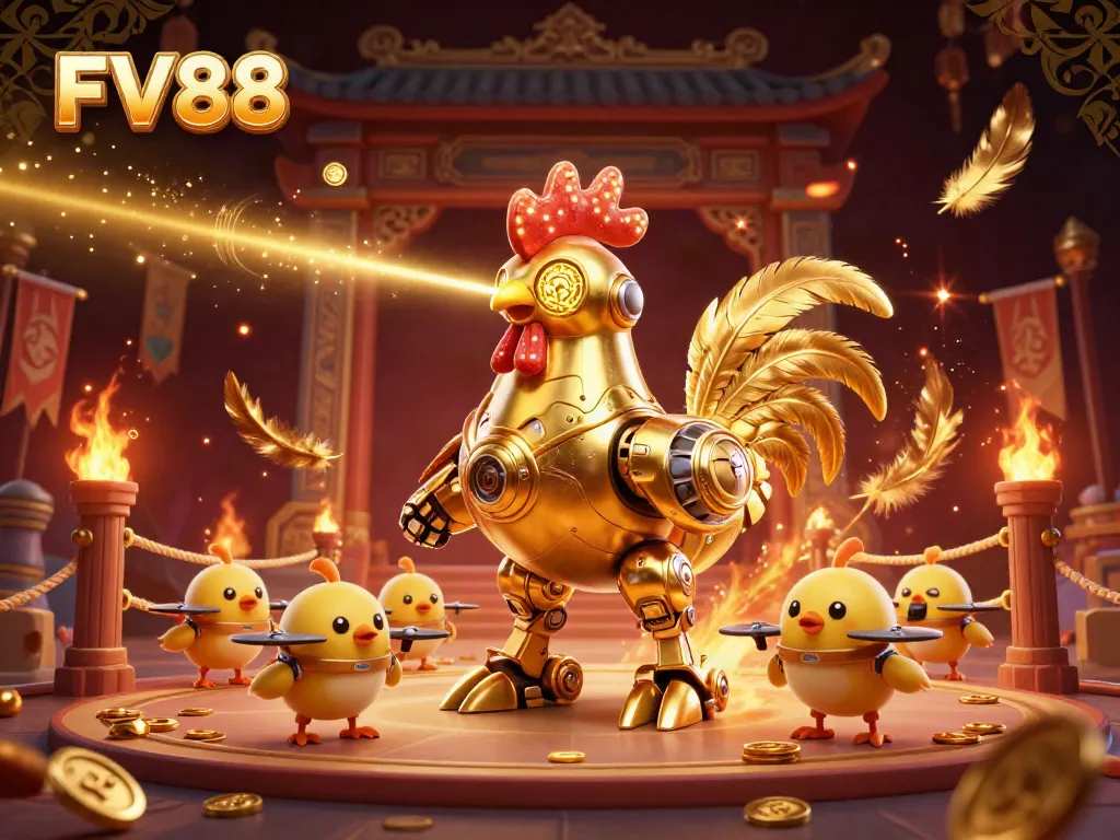Experience thrilling gameplay with FV88's dynamic 3D casino illustration featuring robotic characters and vibrant gaming elements.