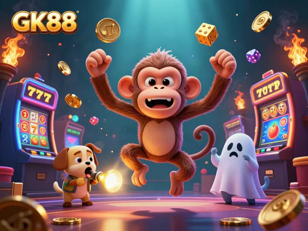 Experience GK88 in a lively casino scene with a playful monkey and a curious puppy tracking gold.