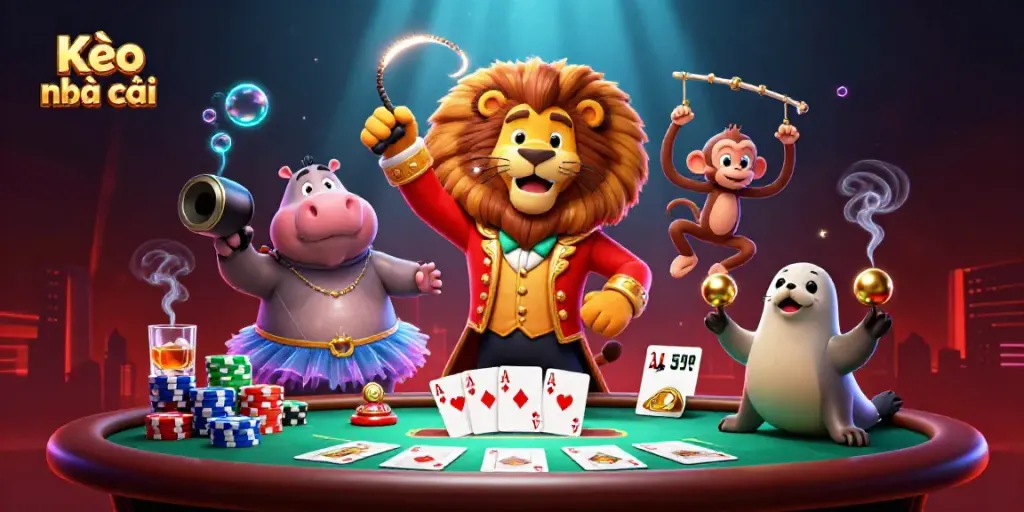 Engage with Kèo nhà cái in a vibrant 3D casino scene showcasing a lively ensemble of circus characters and poker elements.