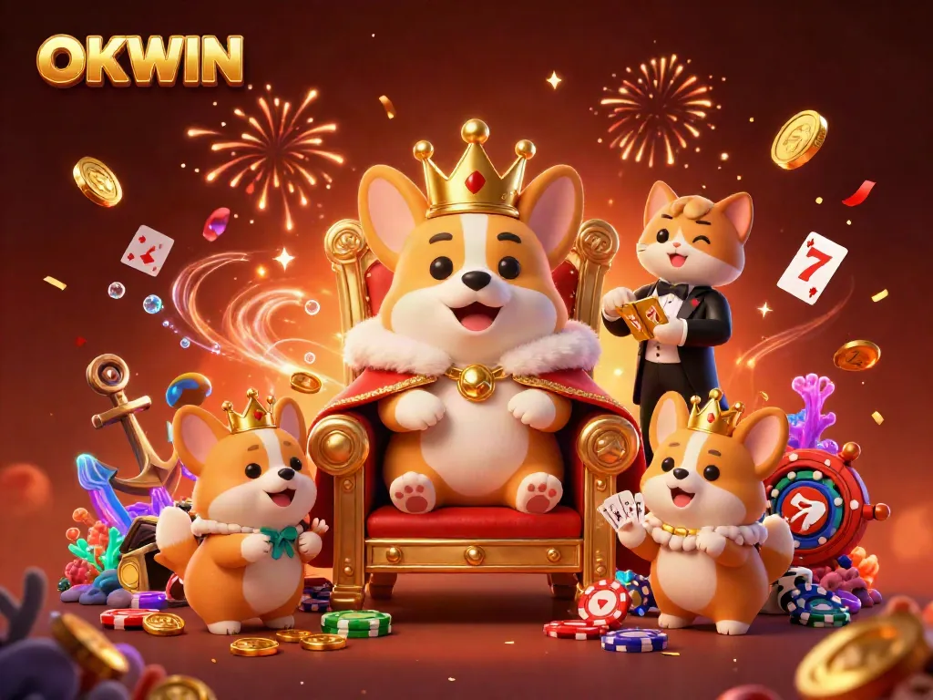 Experience the vibrant and playful world of OKWIN with a royal corgi, card games, and treasure elements.