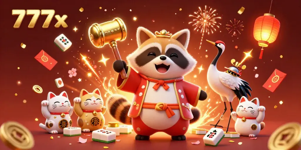 Experience winning at 777x with a vibrant illustration of a cheerful tanuki holding a lucky mallet amidst festive casino-themed elements.