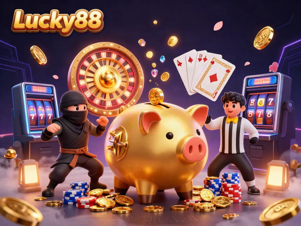 Experience incredible wins with Lucky88, where golden coins and excitement come alive in a dynamic casino scene.